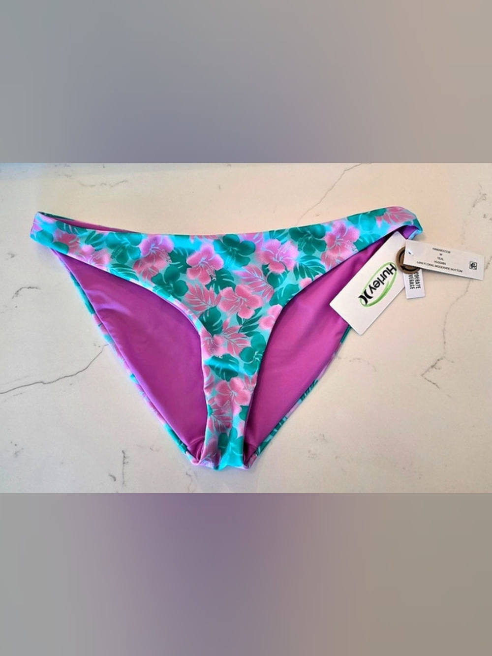 Hurley Lan Floral Moderate Bottom Bikini in Pink & Turquoise Women Sz Medium NWT